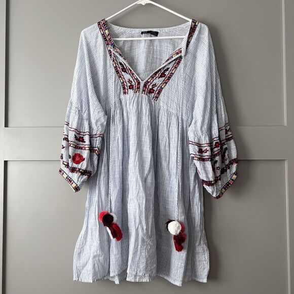 Zara TRF Medium Embroidered Pom Pom Tassel Tunic Top Blouse Mini Dress Bohemian - Picture 1 of 16